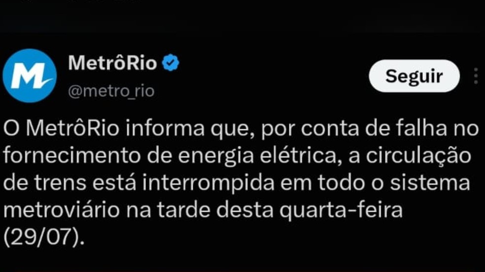 Aviso do Metr&ocirc; Rio sobre interrup&ccedil;&atilde;o da circula&ccedil;&atilde;o dos trens &mdash; Foto: Reprodu&ccedil;&atilde;o