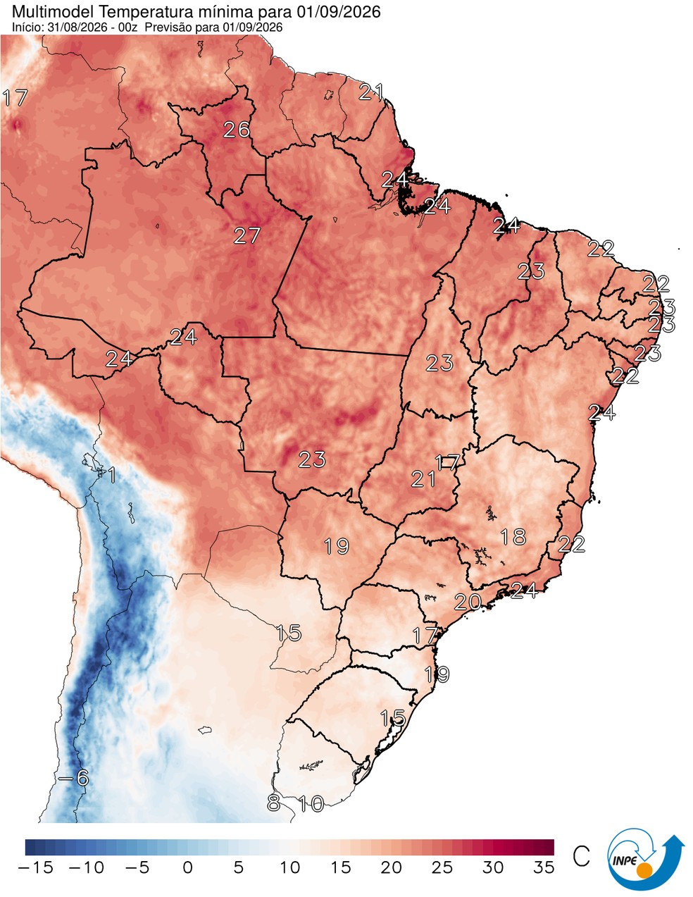 Temperaturas mínimas previstas para esta terça em todo o Brasil. — Foto: CPTEC/Inpe