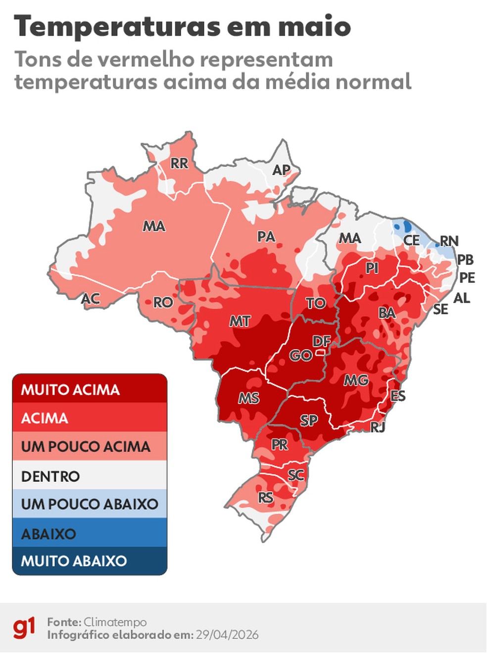 Como ficam as temperaturas em maio. — Foto: Arte/g1 - Bruna Azevedo
