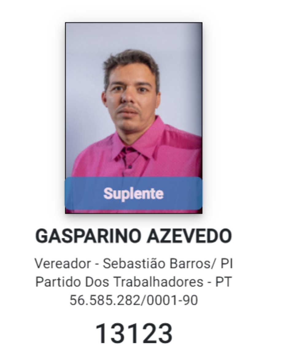 Foto de registro de candidatura de Gasparino Azevedo, suplente de vereador do Piauí. — Foto: Reprodução/Redes sociais e TSE