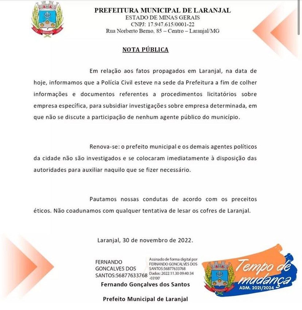 Nota da Prefeitura de Laranjal — Foto: Reprodução/Instagram