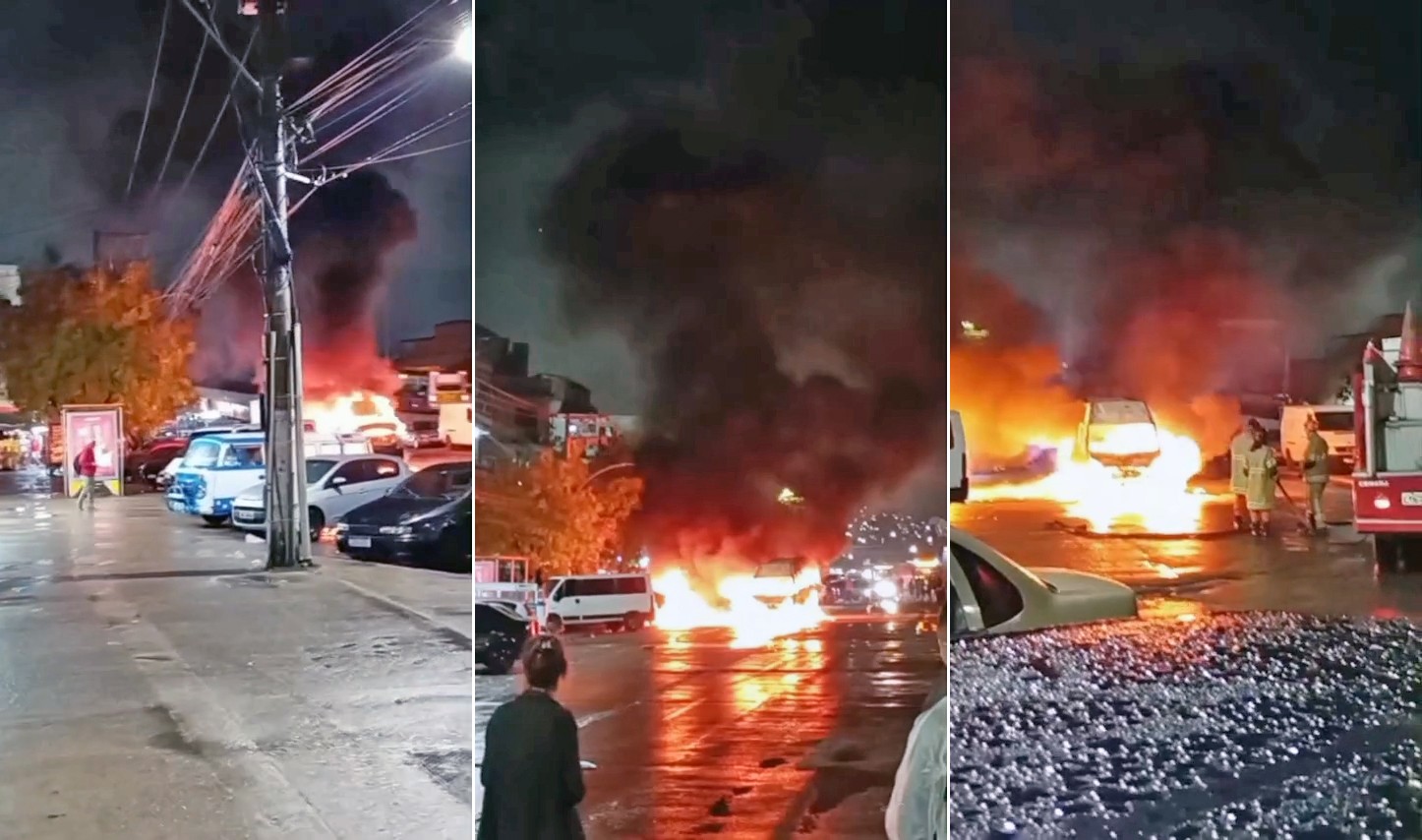 Van pega fogo na Maré, e chamas atingem outros carros
