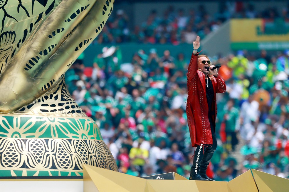 Fher Olvera, vocalista da banda Maná, na cerimônia de abertura da Copa do Mundo 2026, na Cidade do México, nesta quinta-feira (11) — Foto: REUTERS/Eloisa Sanchez