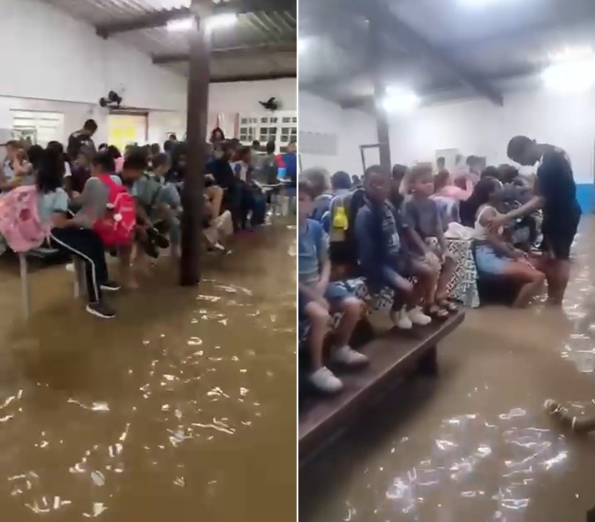Chuva invade escola infantil de Rio das Ostras e crianças precisam se proteger em mesas