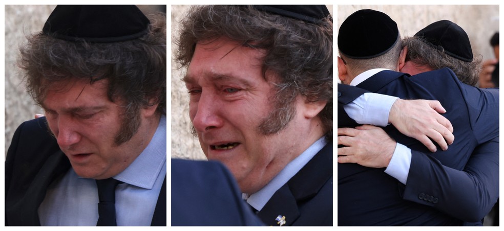 Javier Milei no Muro das Lamentações, em Jerusalém, em 6 de fevereiro de 2024 — Foto: AFP