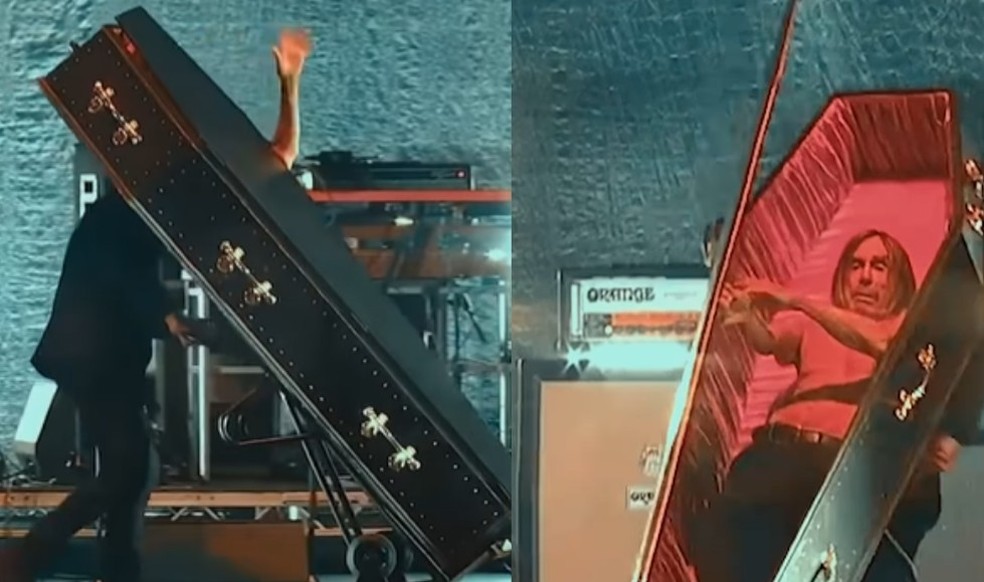 Iggy Pop sai do palco em caixão em Londres — Foto: Reprodução/Instagram