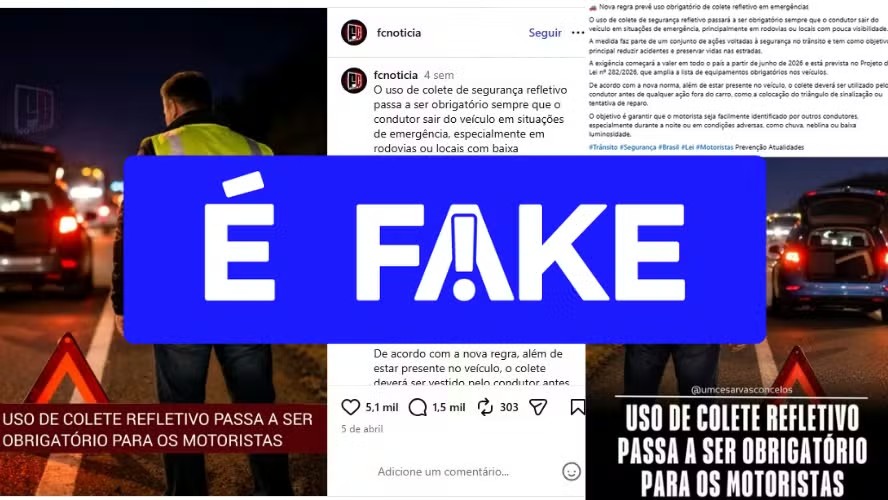 É #FAKE que uso de coletes refletivos se tornará obrigatório no Brasil a partir de junho de 2026