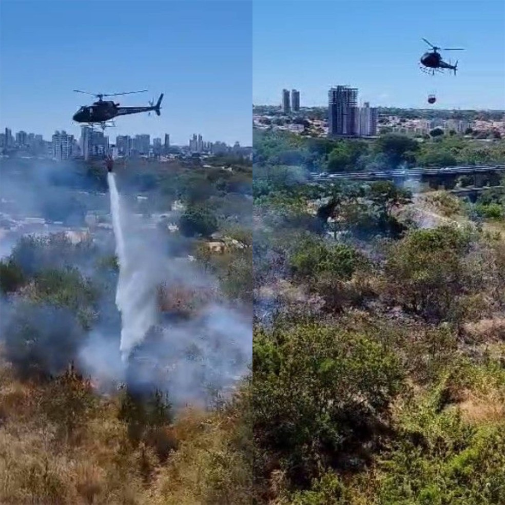 Incêndio atinge terreno baldio e ameaça depósito de gás e casas em Teresina; helicóptero da PM é usado para apagar chamas — Foto: Divulgação /PM-PI
