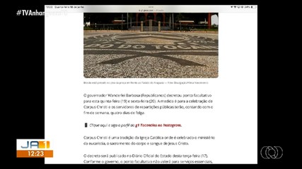 Tocantins terá ponto facultativo na quinta e sexta-feira em celebração ao Corpus Christi