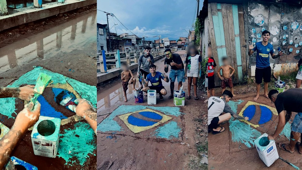 Copa 2026: jovens pintam bandeira do Brasil em rua de lama em Belém — Foto: Redes Sociais