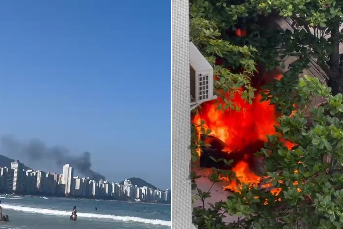 Carro em chamas forma coluna de fumaça vista até na praia no litoral de SP; VÍDEO