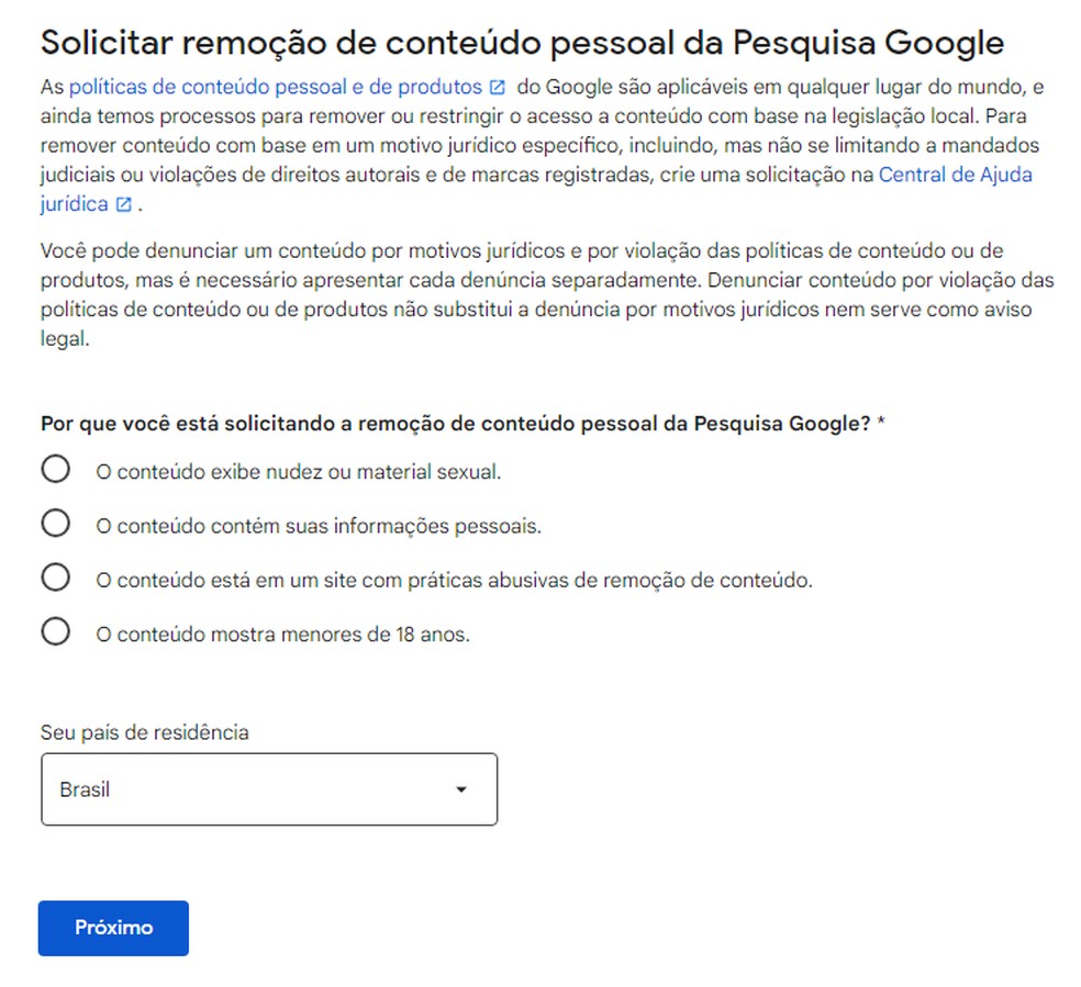 Formulário para solicitar remoção de conteúdo pessoal da Pesquisa Google — Foto: Reprodução/Google