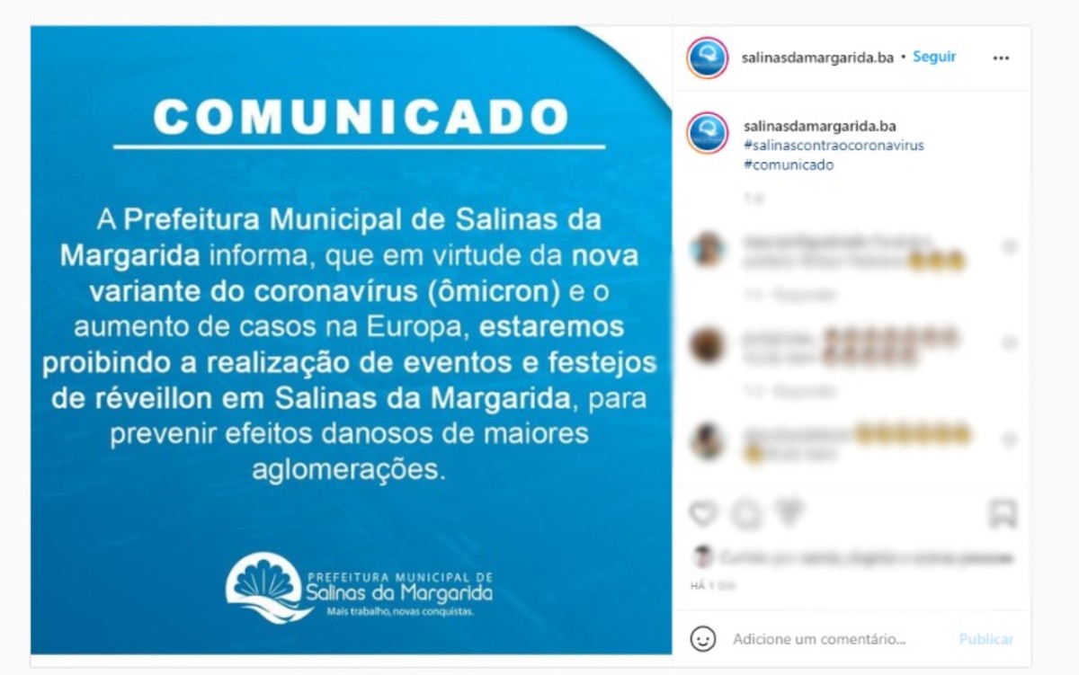 Prefeitura de Salinas da Margarida proíbe realização de eventos no réveillon; veja outras