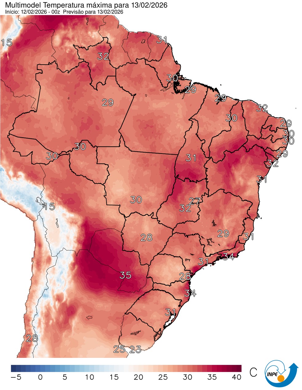 Mapa mostra previsão de temperatura máxima para esta sexta (13). — Foto: CPTEC/Inpe