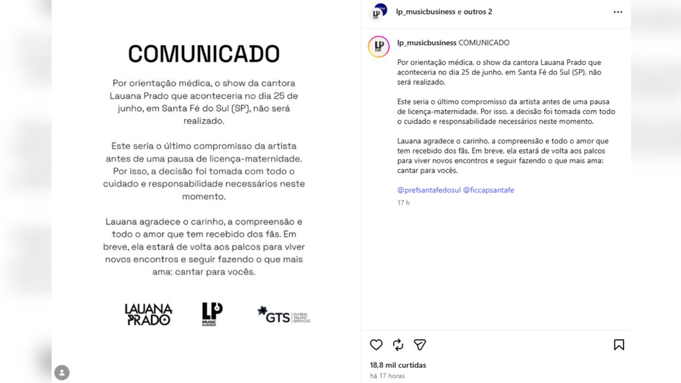 Lauana Prado cancelou show em Santa F&eacute; do Sul (SP) &mdash; Foto: Reprodu&ccedil;&atilde;o/Instagram
