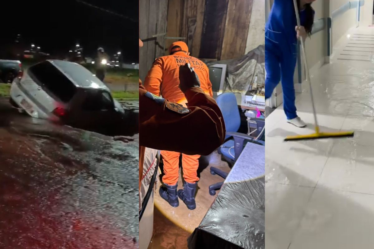 Em meio à situação de emergência, chuvas alagam diversos pontos e carro cai em buraco em Primavera do Leste (MT)