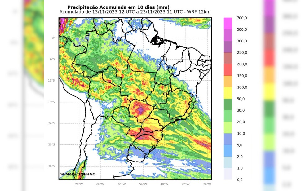 Mapa de previsão de chuva em Goiás — Foto: André Amorim/Cimehgo