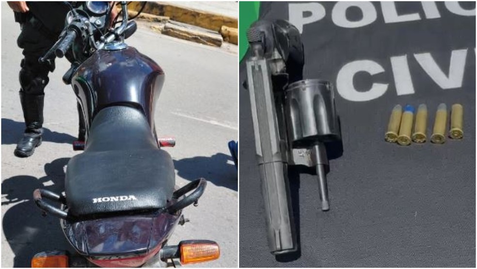 Um revólver municiado e uma moto roubada usada pelos criminosos foram apreendidos. — Foto: Reprodução