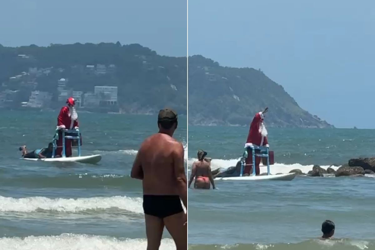 Papai Noel troca trenó por prancha em praia do litoral de SP; ASSISTA 