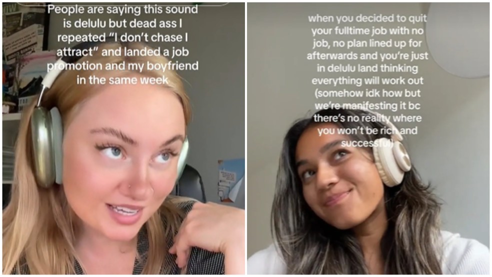 Danielle Creger disse que ser 'delulu' a ajudou a conseguir uma promoção e Anju Bhandari disse que confia tanto na tendência aplicada ao trabalho que largou o emprego sem mais nada planejado — Foto: Reprodução/ TikTok