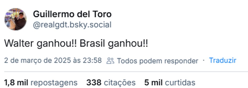 Guillhermo del Toro celebra vitória de 'Ainda Estou Aqui' — Foto: Reprodução/Bluesky