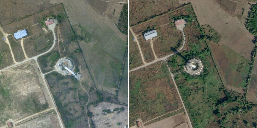 Imagem do depois à esquerda e do antes, à direita. Esta combinação de imagens de satélite divulgadas pelo Planet Labs em 29 de março de 2025 mostra a torre de controle desabada no Aeroporto Internacional Nay Pyi Taw (E) em Naypyidaw, Mianmar, após o terremoto de 27 de março de 2025 e a mesma área em 13 de janeiro de 2025. — Foto: Handout / © 2025 PLANET LABS PBC / AFP
