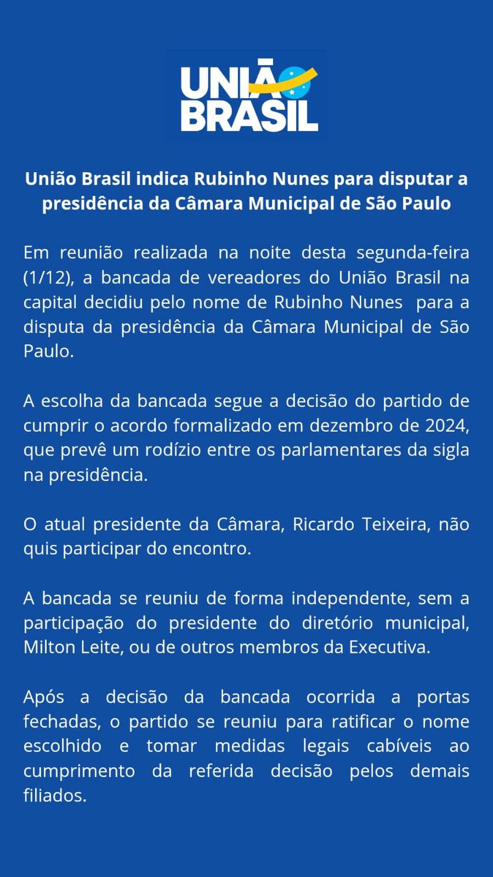 Unio Brasil indica Rubinho Nunes para disputar a presidncia da Cmara Municipal de So Paulo. - Foto: Reproduo