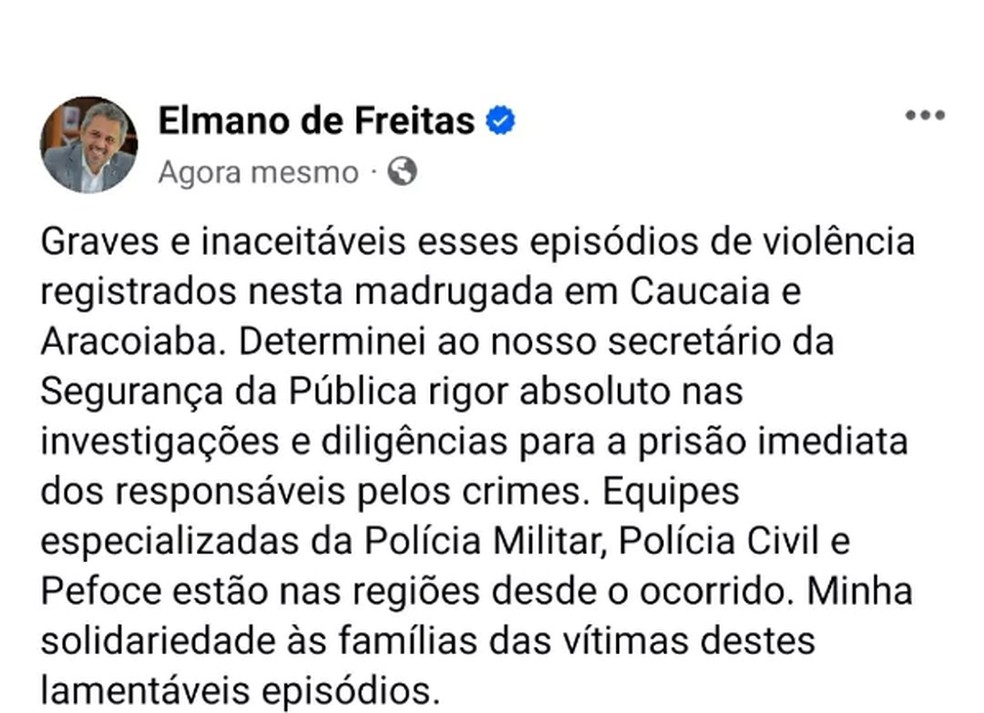 Elmano comenta chacinas em duas cidades do Ceará na mesma madrugada. — Foto: Reprodução