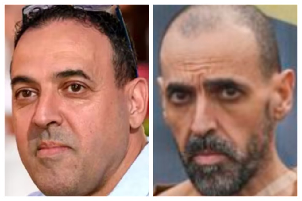 O israelense Eli Sharabi, antes e após ser libertado pelo Hamas, em 8 de fevereiro de 2025. — Foto: Movimento 'Bring Them Home Now' via Reuters e Reuters