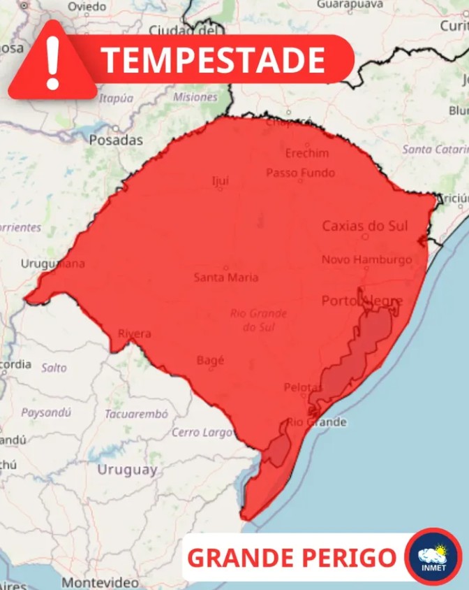 Chuva intensa: Inmet emite aviso vermelho de grande perigo para áreas do RS e SC nesta segunda (23)
