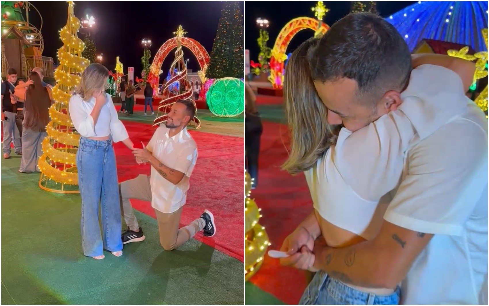 Namorado aproveita visita à exposição de Natal para pedir mulher em casamento e descobre que vai ser pai 