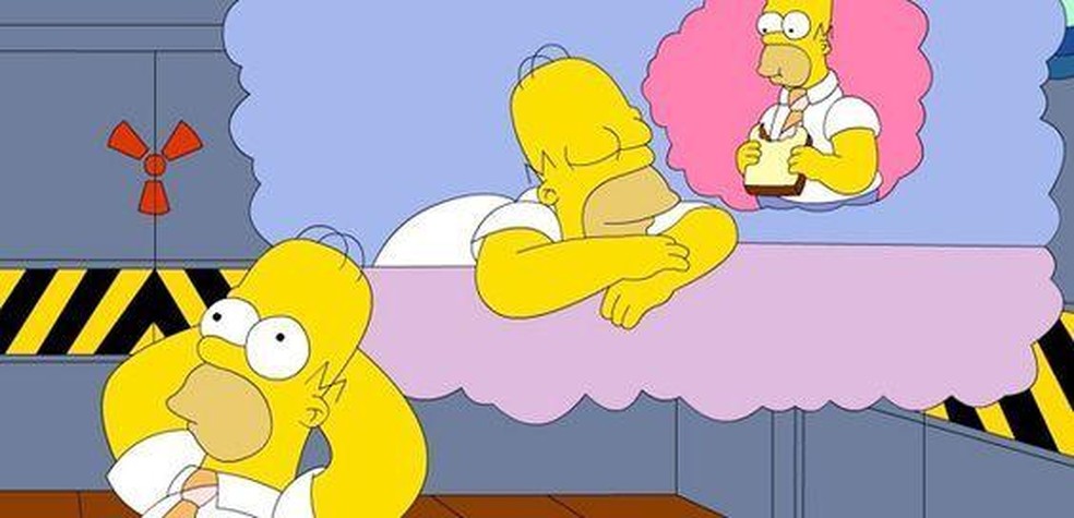 Homer Simpson sonhando de olhos abertos que está dormindo e sonhando em comer — Foto: CORTESIA DISNEY via BBC