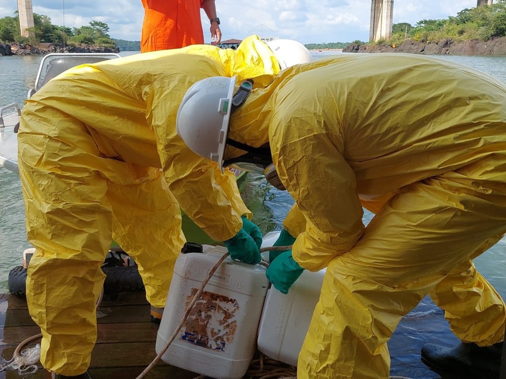 Empresa retira 20 litros dos 20 mil de agrotóxicos que caíram no rio Tocantins após queda de ponte — Foto: Divulgação/Ibama