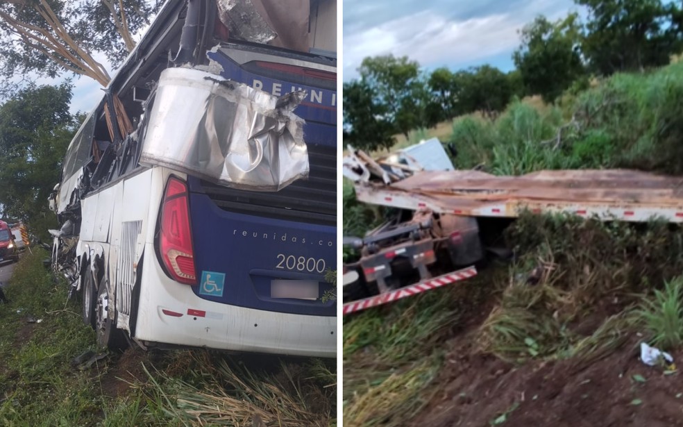 Acidente entre caminho e nibus deixa trs pessoas feridas, na BR-020, em Gois  Foto: Divulgao/Corpo de Bombeiros