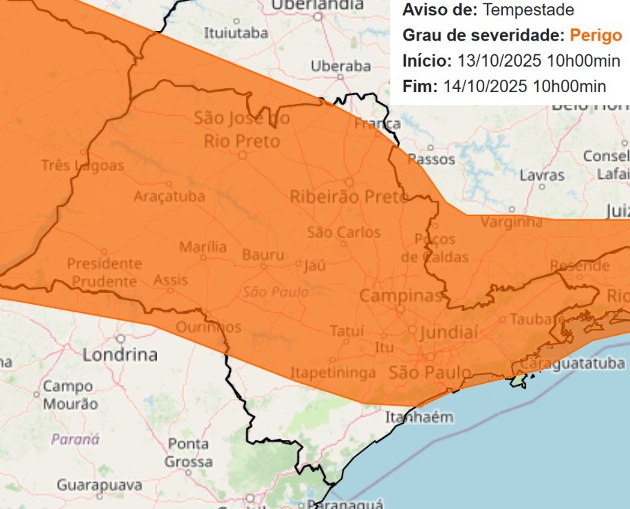 Raios, granizo e ventos de até 100 km/h: entenda alerta laranja de tempestades na região de Piracicaba
