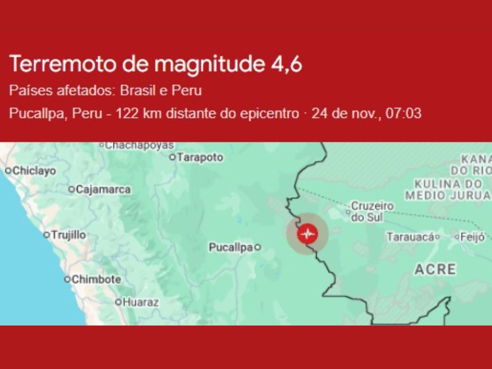 Terremoto de magnitude 4,6 é sentido em cidades no interior do Acre