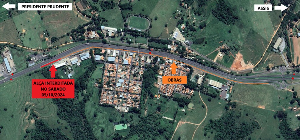 Obras causam alterações no tráfego em alça de acesso da Rodovia Raposo Tavares (SP-270), em Regente Feijó (SP) — Foto: Cart