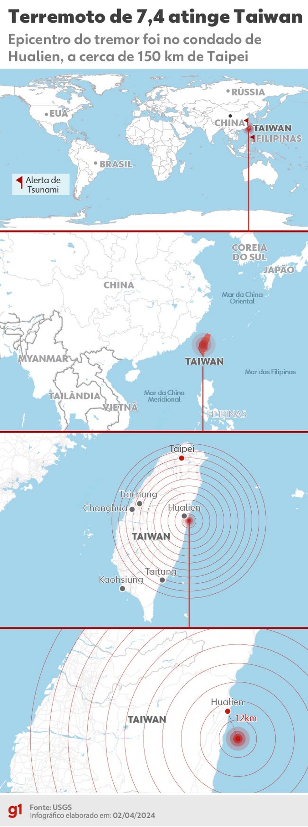 Mapa mostra epicentro do terremoto que atingiu Taiwan e o leste da Ásia — Foto: Editoria de Arte/g1