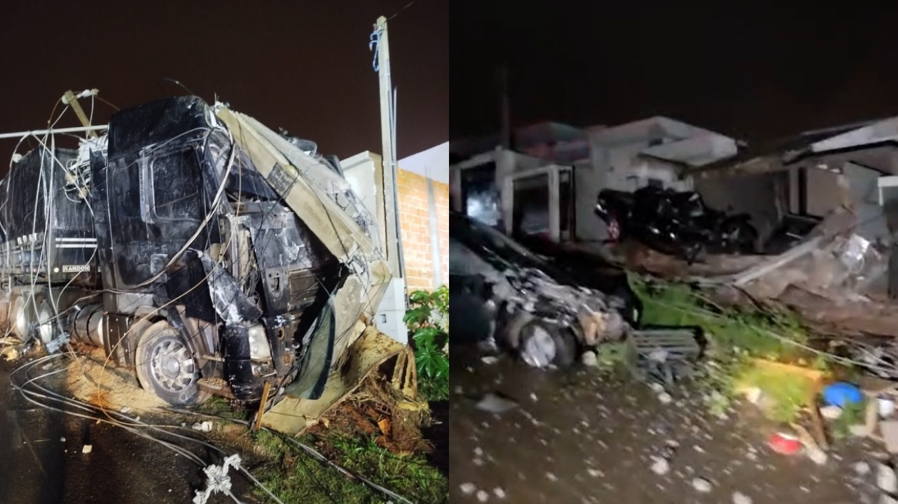 Carreta desgovernada desce rua no PR e atinge postes, casas e veículos; motorista havia parado para jantar
