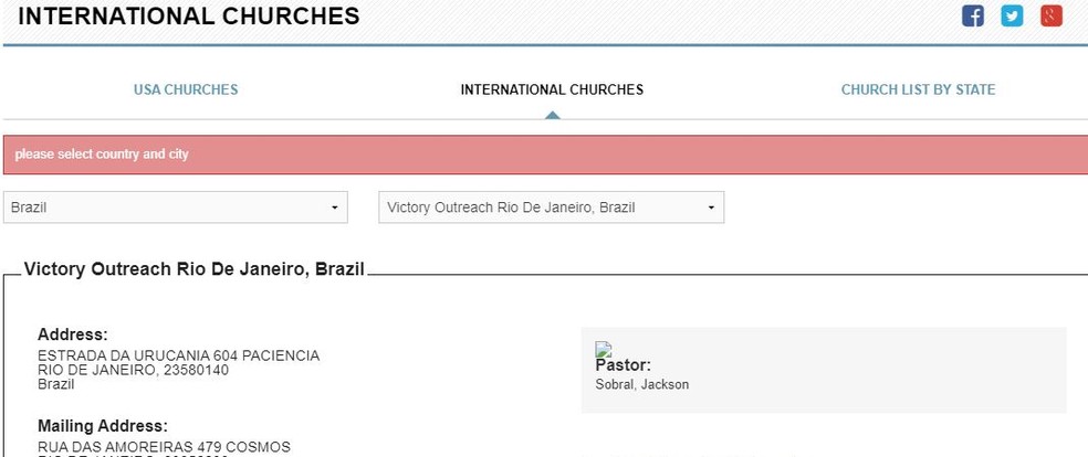 Site da igreja internacional Victory Outreach mostra endereço de sítio e nome do pastor Jackson Sobral — Foto: Reprodução