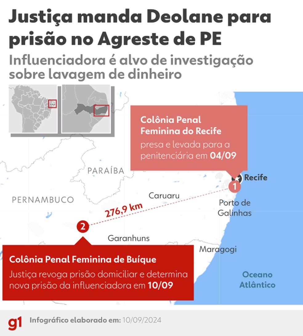 Justiça manda Deolane para presídio em Buíque, a mais de 276 km de distância de Recife — Foto: Arte g1