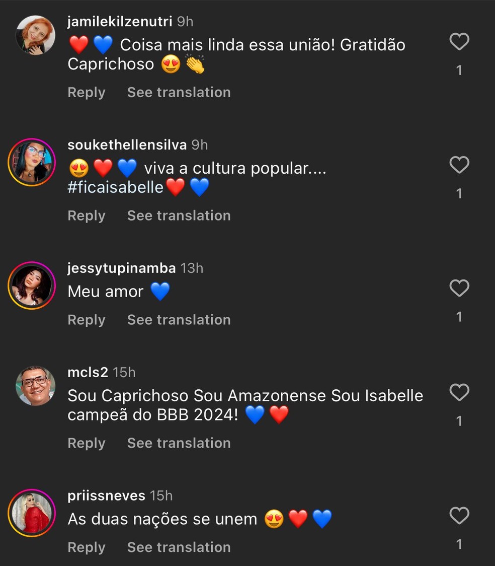 Publicação também gerou uma repercussão nos comentários por pessoas que se surpreenderam e exaltaram a atitude do boi Caprichoso em declarar o apoio à Isabelle Nogueira. — Foto: Reprodução/Redes Sociais