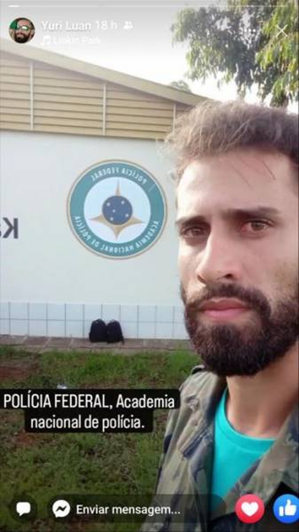 Yuri publicou story no Facebook ao chegar na Academia Nacional da Polícia Federal — Foto: Reprodução