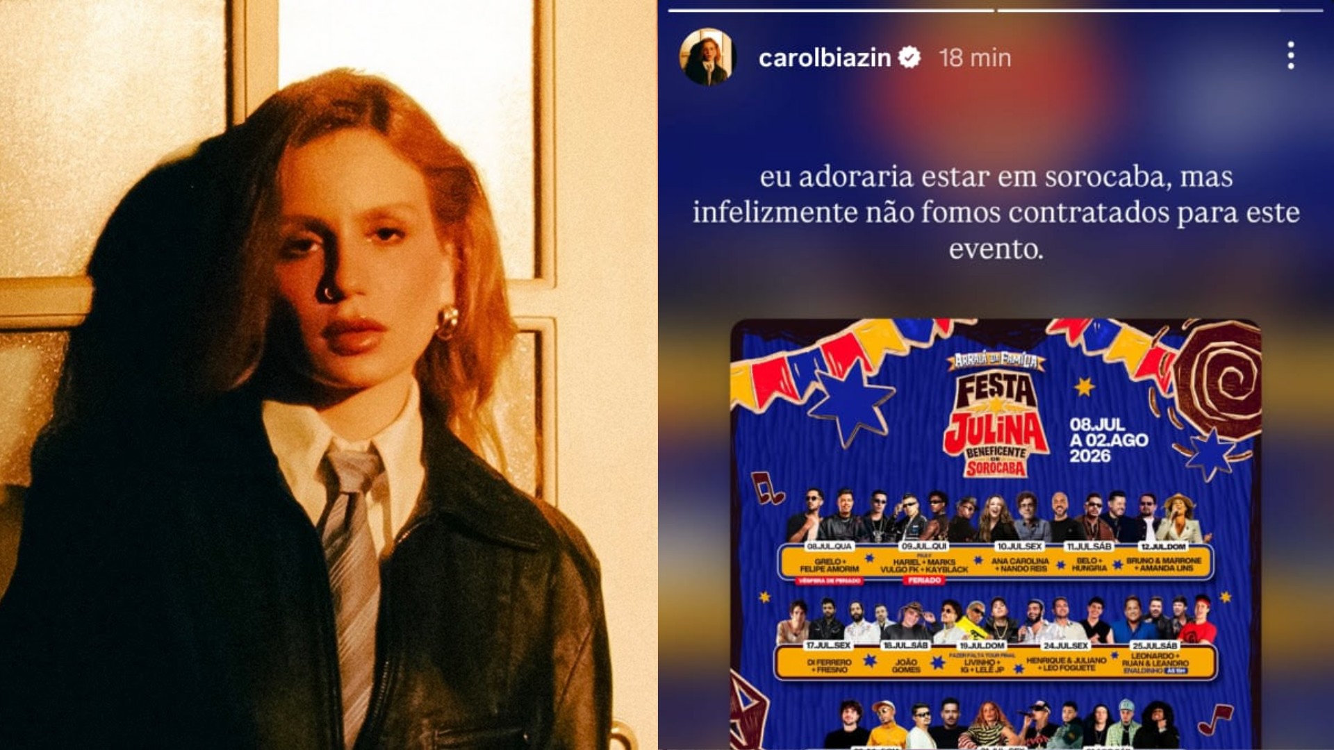 Festa Julina de Sorocaba anuncia Carol Biazin, e cantora nega show: 'Não fomos contratados' 