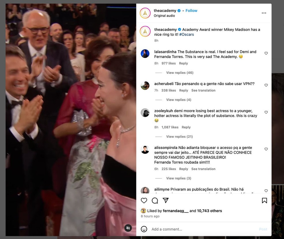 Comentários em português em post que não aparece para brasileros — Foto: Reprodução