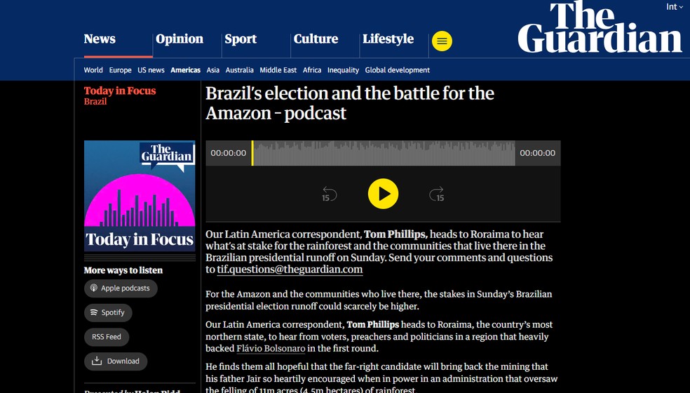 Reportagem do jornal britânico The Guardian sobre a expectativa para o 2º turno das eleições brasileiras em outubro de 2026. — Foto: Reprodução/The Guardian