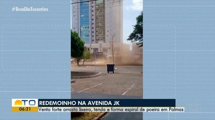 Redemoinho de poeira arrasta lixeira e chama atenção na Avenida JK
