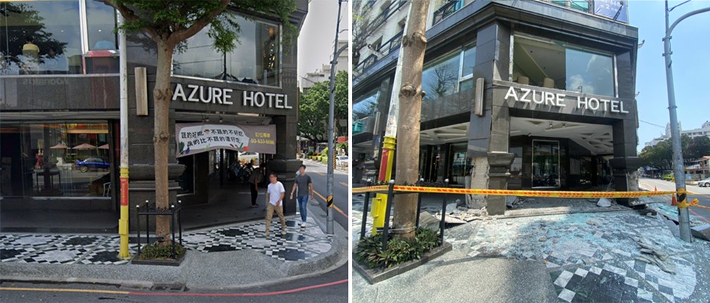 Antes e depois mostra o Hotel Azure, em Hualien, Taiwan, que sofreu danos com o terremoto — Foto: Reprodução/Google Street View; Haote Zhang/Handout via Reuters