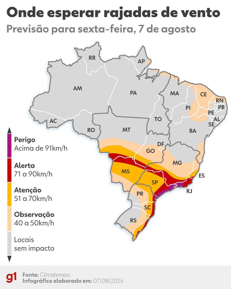 Previs�o de rajadas de vento para esta sexta. � Foto: Arte/g1