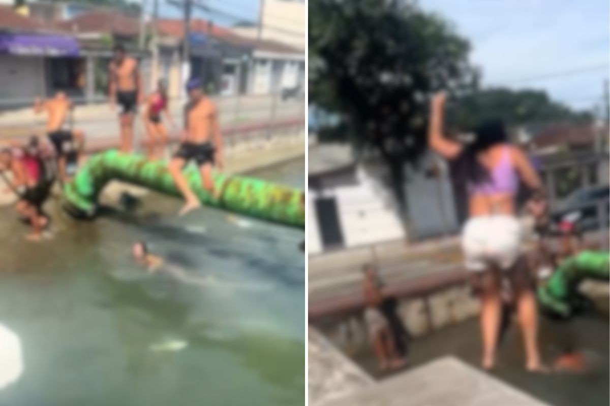 Jovens usam tubulação como trampolim em canal de Santos; veja vídeo